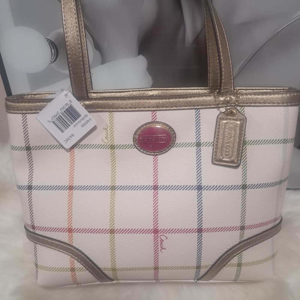 Coach White and Gold Plaid Tote Bag NWT